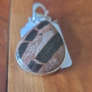 Sterling Silver Tire Track Jasper Pendant with Black and Brown Stone.